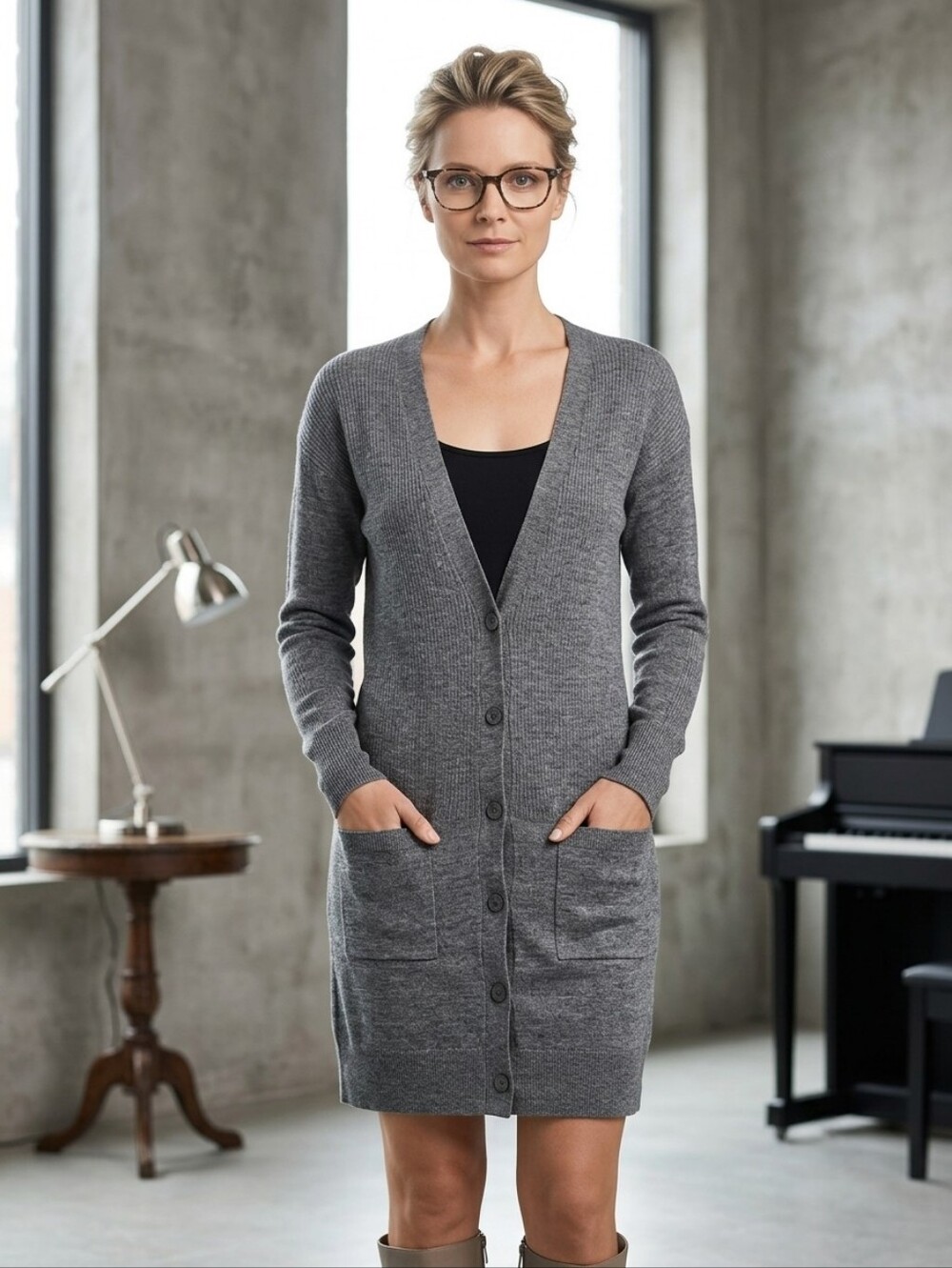 Halogen Long Grey Ribbed Open Cardigan Merino Wool with Pockets